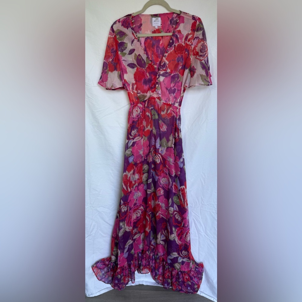 MISA Los Angeles Floral Chiffon Midi Dress Boho Pink Purple Button Front L - Picture 4 of 10